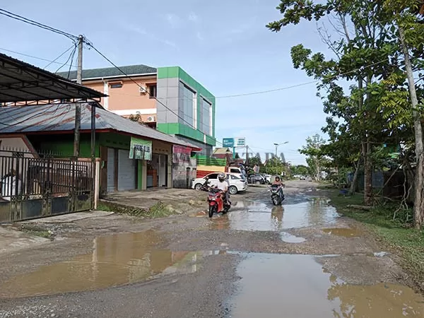 RUSAK PARAH: Kondisi Jalan Rambai Padi yang berada di wilayah perkotaan belum ada upaya perbaikan dari pemerintah daerah.