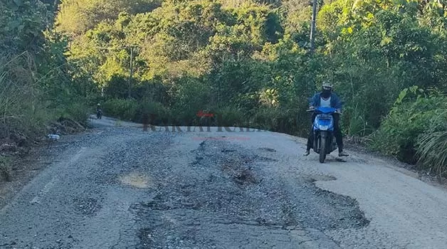 JALAN PENGHUBUNG: Kondisi jalan menuju Kecamatan Peso yang dihiasi lubang dan kerusakaan menyulitkan pengendara roda dua melintas.
