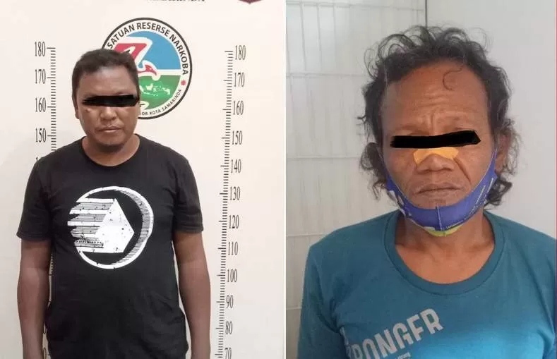 KASUS NARKOTIKA: Tersangka Bd dan SA (pakai masker) kini ditahan di Polresta Samarinda. DADANG SY/KP