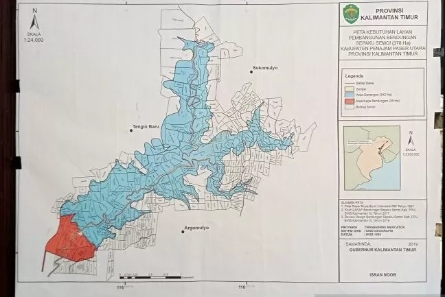 Peta kebutuhan lahan pembangunan bendungan untuk penyediaan air bersih bagi masyarakat ibu kota negara Indonesia yang baru. (Novi Abdi/Antara)