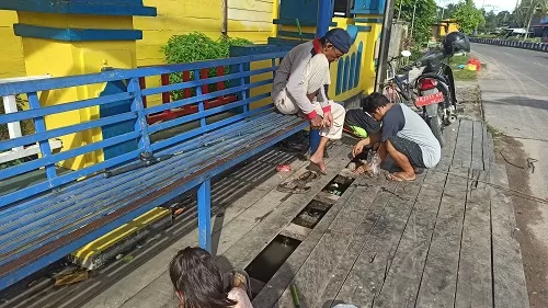 MANCING IKAN: Warga memancing ikan lele di saluran air SDN Nanga Bulik 2, Kabupaten Lamandau, Selasa (13/6).