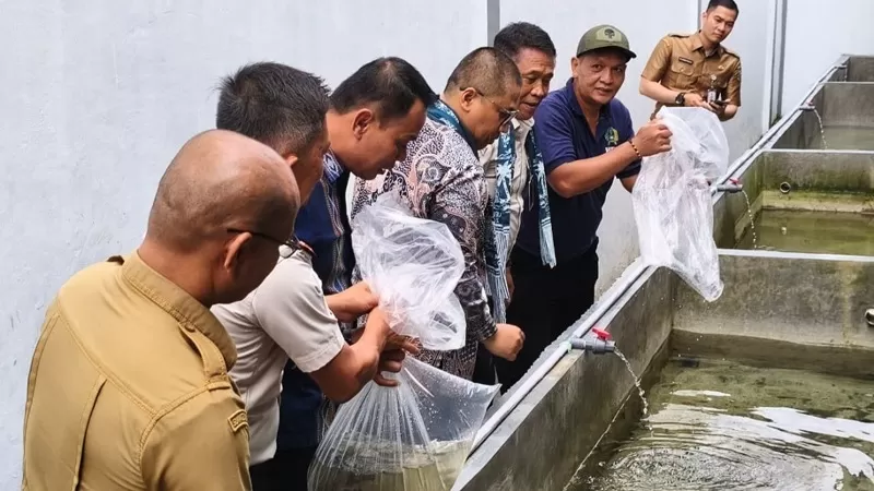 Pejabat daerah bersama jajaran Rutan Padang Panjang menebarkan 5 ribu bibit ikan lele sebagai bagian dari program ketahanan pangan dan pembinaan kemandirian WBP, Senin (4/5/2026) siang. (Dok. Humas Rupajang)