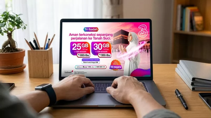Layanan Tri Ibadah dari Indosat Ooredoo Hutchison melalui laptop. Paket internet roaming tersebut disiapkan untuk mendukung kebutuhan komunikasi jamaah selama pelaksanaan ibadah haji 2026. (Dok. IOH)