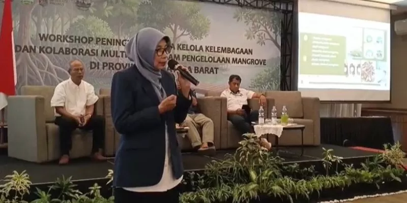 Dekan Fakultas Perikanan dan Ilmu Kelautan Universitas Bung Hatta, Prof. Dr. Yusra, M.S dalam Workshop Peningkatan Tata Kelola Kelembagaan dan Kolaborasi Multipihak dalam Pengelolaan Mangrove di Provinsi Sumatera Barat. (Foto: UBH)