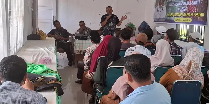  Para petani kelapa sawit dari Kecamatan Sutera, Lengayang, dan Ranah Pesisir mengikuti kegiatan sosialisasi perkebunan kelapa sawit melalui bantuan penghimpunan dan penggunaan dana perkebunan kelapa sawit di Kantor BPP Padang Laban, Kecamatan Ranah Pesisir, Kamis (21/5/2026). (Foto: Pemkab Pessel)