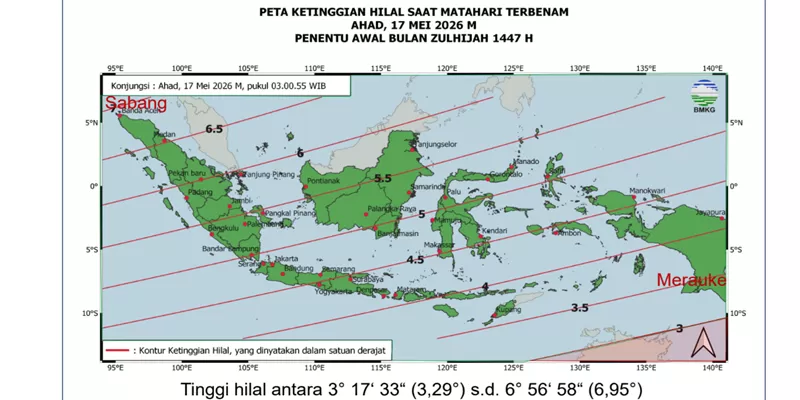 Posisi hilal penentu awal Zulhijjah 1447 Hijriah di seluruh wilayah Indonesia dipastikan telah memenuhi kriteria minimum yang ditetapkan MABIMS atau Menteri-Menteri Agama Brunei Darussalam, Indonesia, Malaysia, dan Singapura. (Foto: Kemenag)