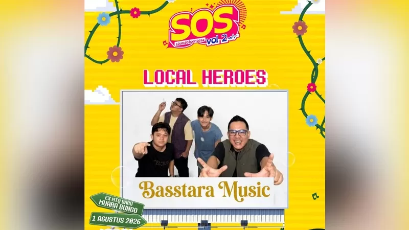 Basstara Music, band asal Kabupaten Dharmasraya, Sumatera Barat (Sumbar) dipercaya menjadi salah satu penampil Local Heroes dalam ajang Sound of Sentosa Vol.2 yang akan digelar di Eks Lapangan MTQ, Muaro Bungo, Jambi pada Sabtu (1/8/2026). (Dok. Instagram/@soundofsentosa)