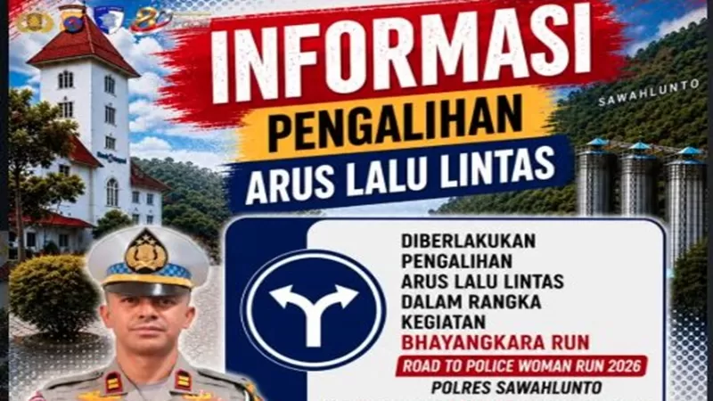  Satuan Lalu Lintas (Satlantas) Polres Sawahlunto memberlakukan pengalihan arus lalu lintas dalam rangka pelaksanaan kegiatan Bhayangkara Run Road to Police Woman Run 2026. Rekayasa lalu lintas tersebut diterapkan pada Minggu (12/7/2026) mulai pukul 08.00 hingga 11.00 WIB. (Foto: Polres Sawalunto)