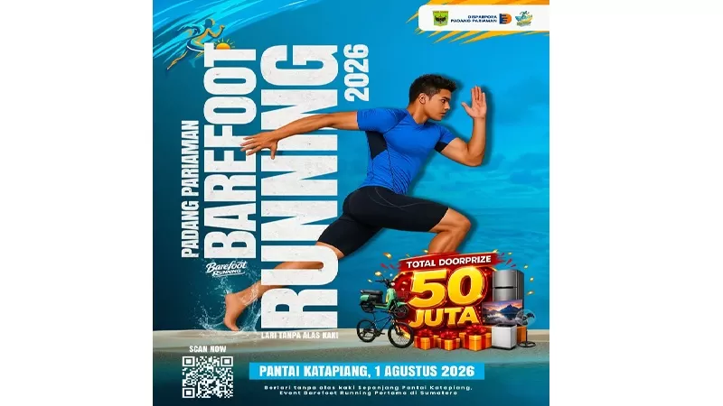 Pemerintah Kabupaten Padang Pariaman kembali menghadirkan terobosan di sektor pariwisata dan olahraga melalui penyelenggaraan Padang Pariaman Barefoot Running 2026. (Foto: Pemkab Padang Pariaman)