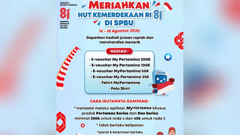 Promo MyPertamina Berbagi Hadiah Kemerdekaan digelar PT Pertamina Patra Niaga Regional Sumbagut pada 16-18 Agustus 2026 di 24 SPBU yang tersebar di sejumlah wilayah. (Dok. Pertamina)