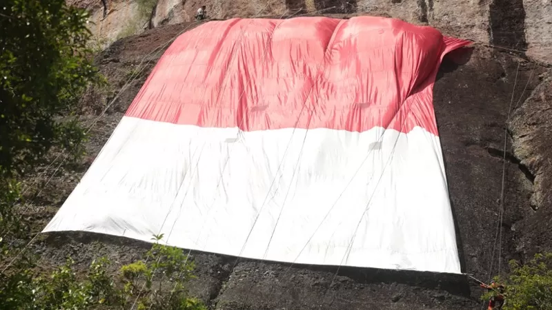 Federasi Panjat Tebing Indonesia Sumatera Barat (FPTI Sumbar) membentangkan bendera Merah Putih berukuran 15x25 meter di dinding Tebing Lembah Harau, Kabupaten Limapuluh Kota, Senin (17/8/2026) dalam rangka memperingati HUT RI ke-81. (Dok. FPTI Sumbar)