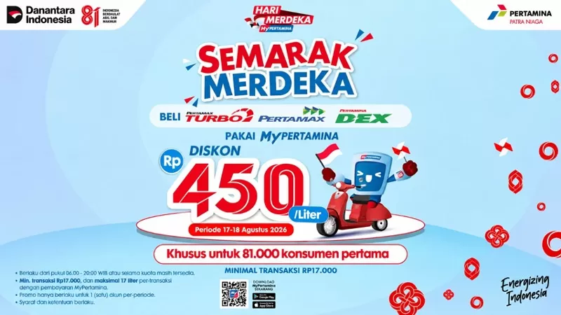 Pertamina Patra Niaga Sumbagut menghadirkan potongan harga Rp450 per liter untuk pembelian Pertamax Turbo, Pertamax, dan Pertamina Dex melalui aplikasi MyPertamina pada tanggal 17 dan 18 Agustus 2026. (Dok. PPN Sumbagut)