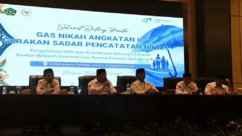 Kantor Wilayah Kementerian Agama (Kanwil Kemenag) Sumatera Barat melalui Gerakan Sadar Pencatatan Nikah (Gas Nikah) Angkatan II. Kegiatan itu berlangsung di Hotel Aksana, Padang, Senin (31/8/2026). (Foto: Kemenag Sumbar)