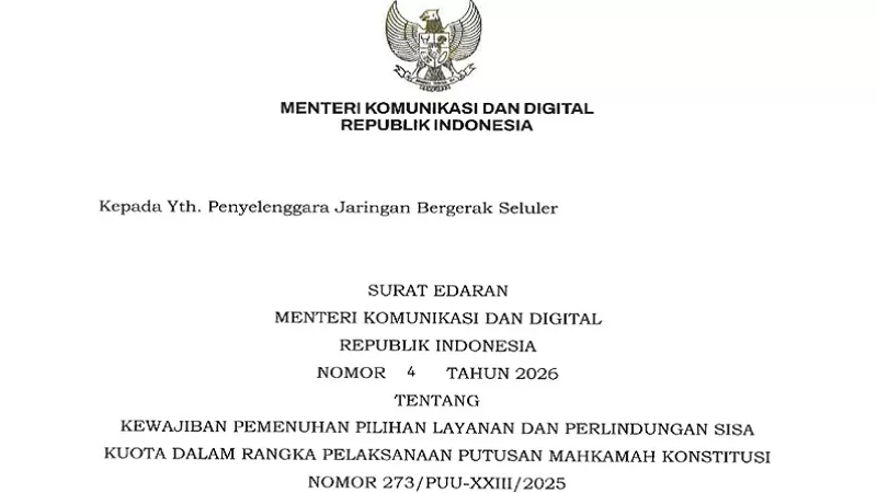 Melalui Surat Edaran (SE) Nomor 4 Tahun 2026, Menteri Komunikasi dan Digital (Menkomdigi) mengatur kewajiban operator seluler dalam memenuhi pilihan layanan sekaligus memberikan perlindungan terhadap kuota internet yang belum terpakai. (Foto: Komdigi)