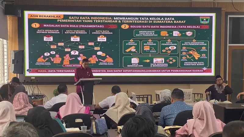 Workshop Penyelenggaraan dan Peningkatan Kapasitas Kelembagaan Statistik Sektoral yang berlangsung di Aula Dinas Komunikasi, Informatika dan Statistik (Diskominfotik) Provinsi Sumatera Barat, Selasa (29/9/2026). (Foto: Pemprov Sumbar)