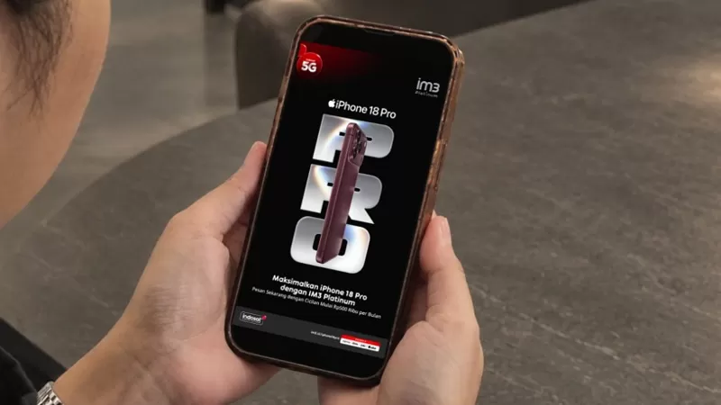 IM3 Platinum menghadirkan paket bundling iPhone 18 Pro dan iPhone 18 Pro Max dengan kuota 175 GB per bulan, akses jaringan 5G dan roaming gratis di 20 negara. (Dok. IOH)