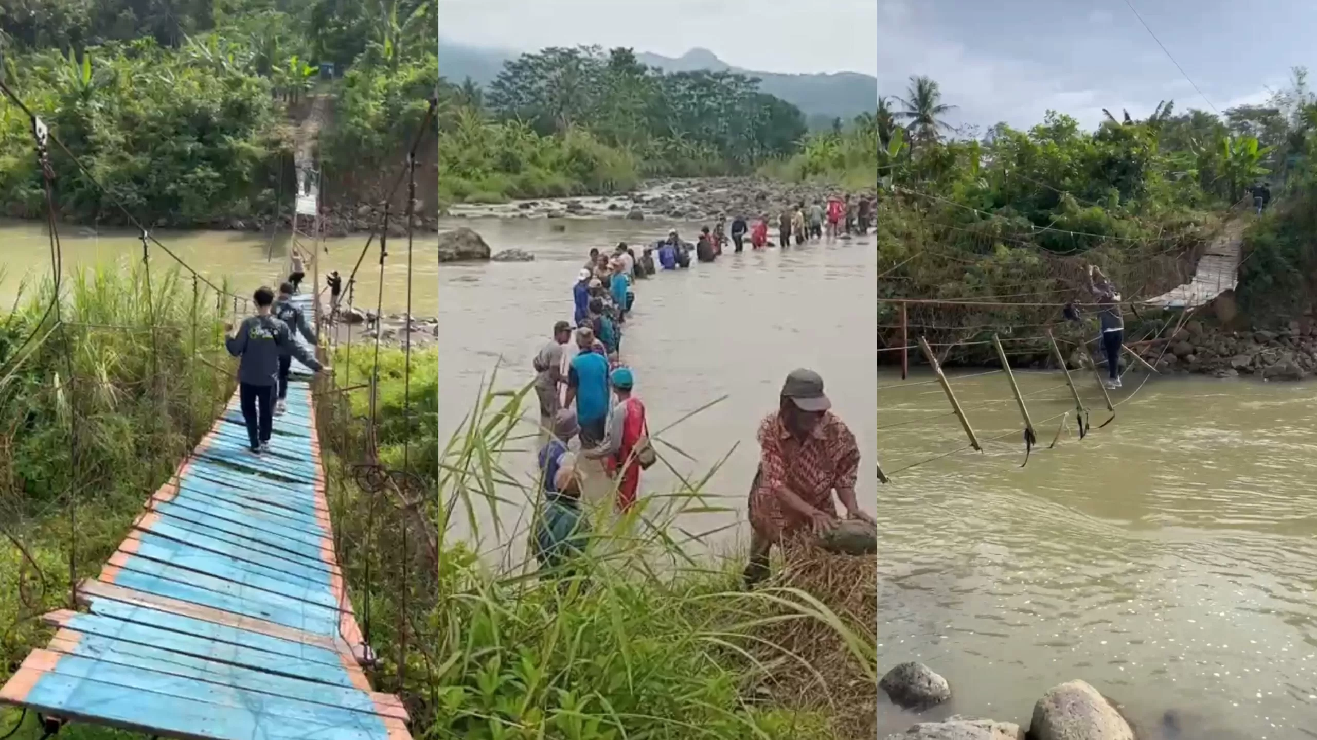 Kondisi jembatan gantung yang rusak di Desa Wanajaya Kecamatan Surian. (Foto : Istimewa/KKN Wanajaya)
