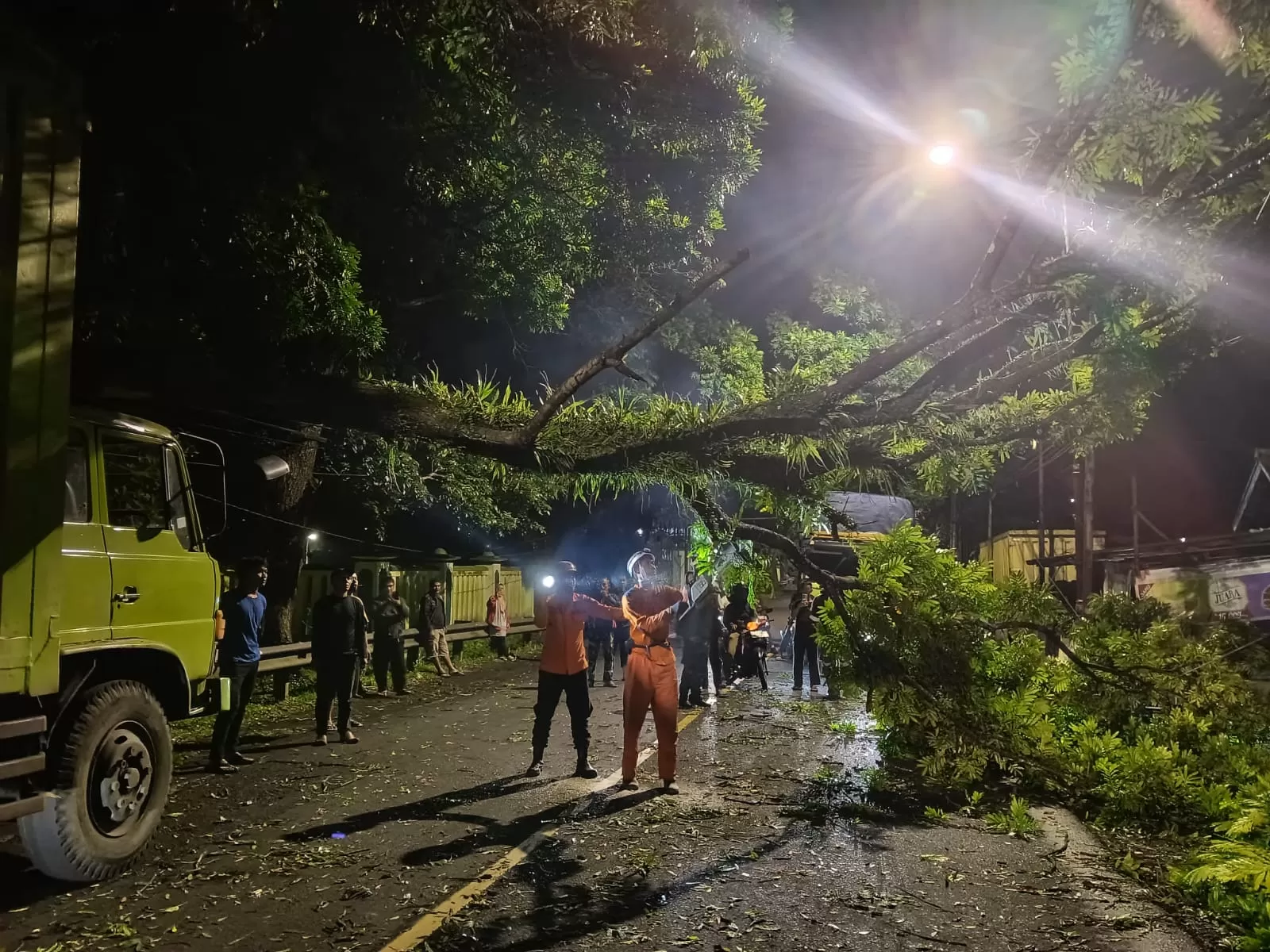 Kondisi dahan pohon tumbang di jalur Sumedang - Bandung, tepatnya dekat Markas Kodim Sumedang. (Foto : Istimewa)