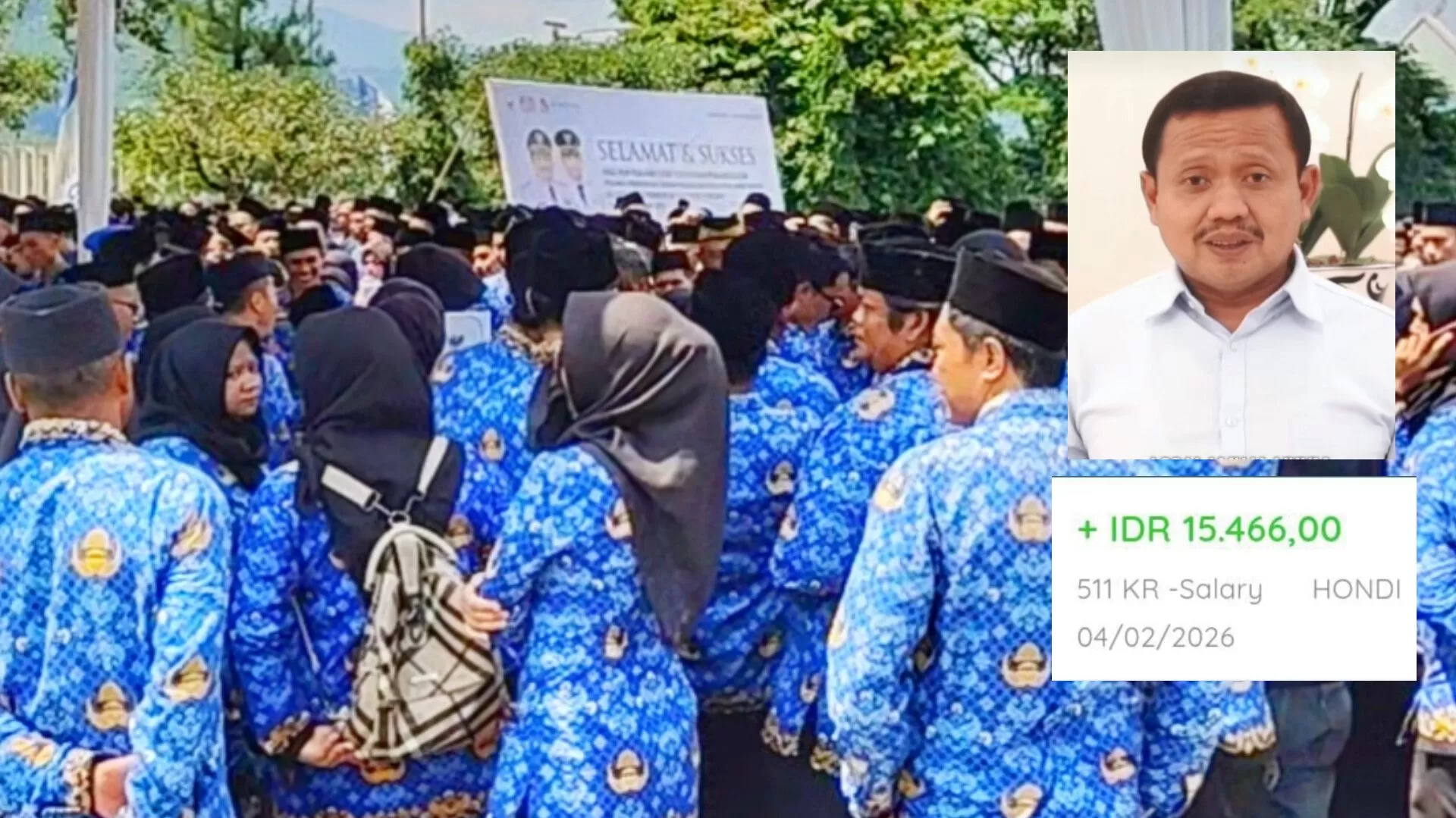 Situasi saat pelantikan Guru PPPK Paruh Waktu dan pegawai lainnya di Kabupaten Sumedang dan tangkapan layar Bupati Sumedang dan mutasi rekening gaji guru. (Foto : Istimewa)