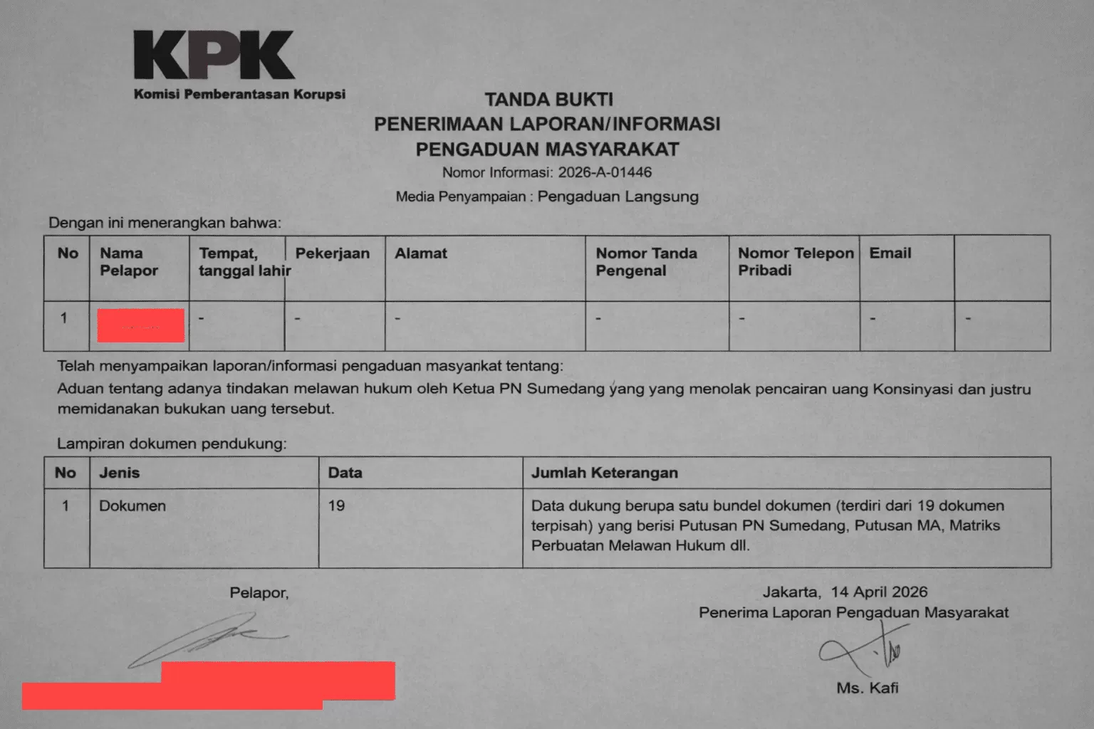Dokumen tanda bukti penerimaan laporan pengaduan masyarakat oleh Komisi Pemberantasan Korupsi terkait dugaan pelanggaran hukum dalam pengelolaan dana konsinyasi di PN Sumedang, tertanggal 14 April 2026 (Foto : Istimewa) 