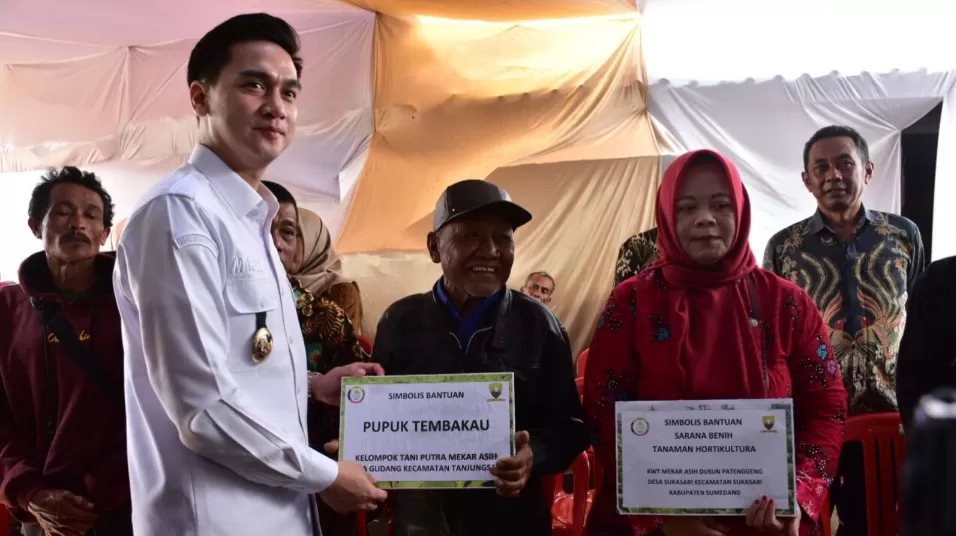 Wabup Sumedang M Fajar Aldila serahkan bantuan pupuk ke petani tembakau. (foto : istimewa)