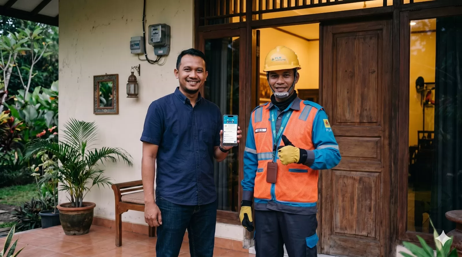 Pelanggan bersama petugas PLN UP3 Sumedang saat menunjukan penggunaan aplikasi PLN Mobile di hand phonenya, Kamis (28/5/2026). (FOTO: dok PLN)