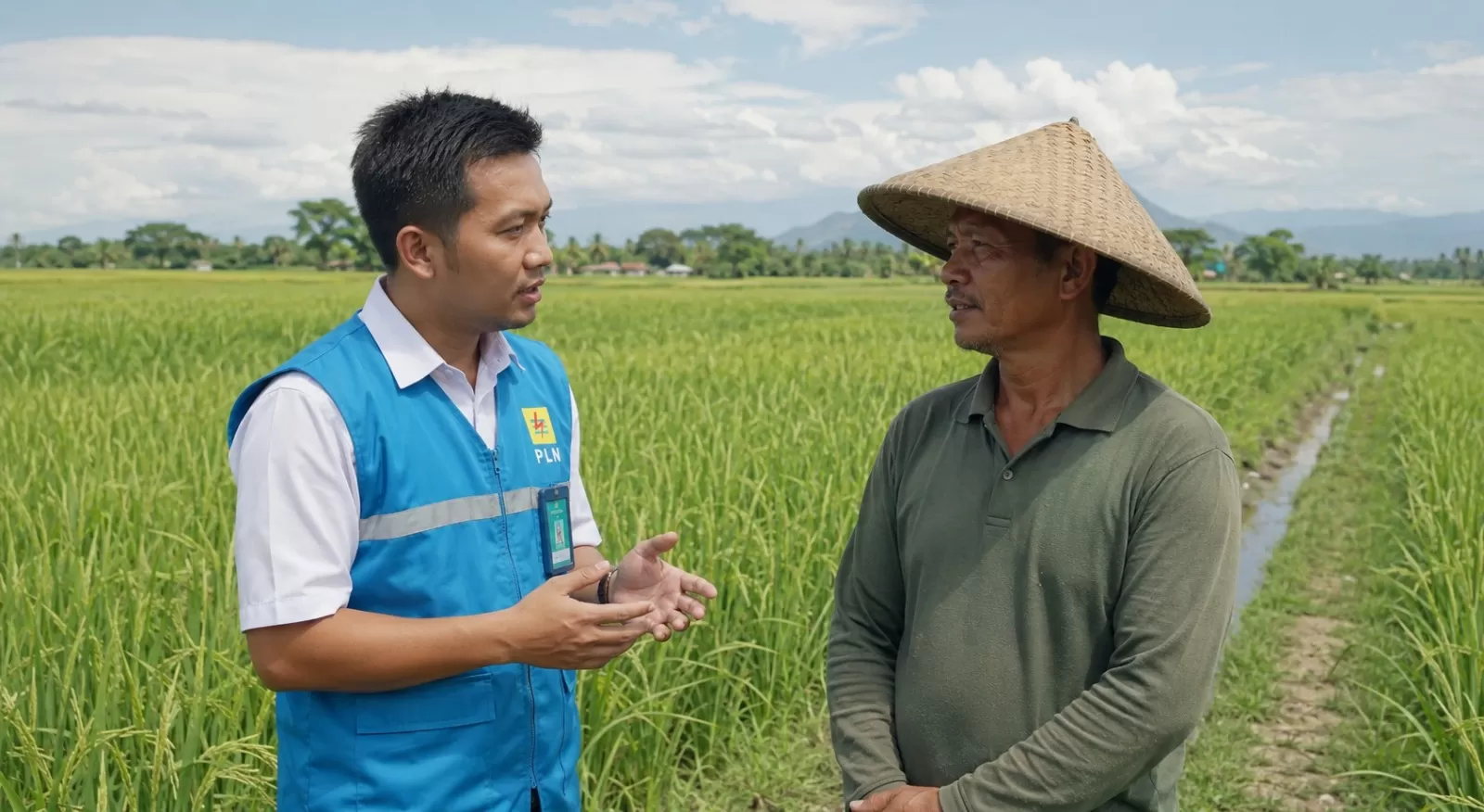 Petugas PLN UP3 Sumedang saat survei infrastruktur listrik ke petani untuk program pompa air pertanian di Sumedang Jabar, Senin (29/6/2026). (FOTO: dok PLN)