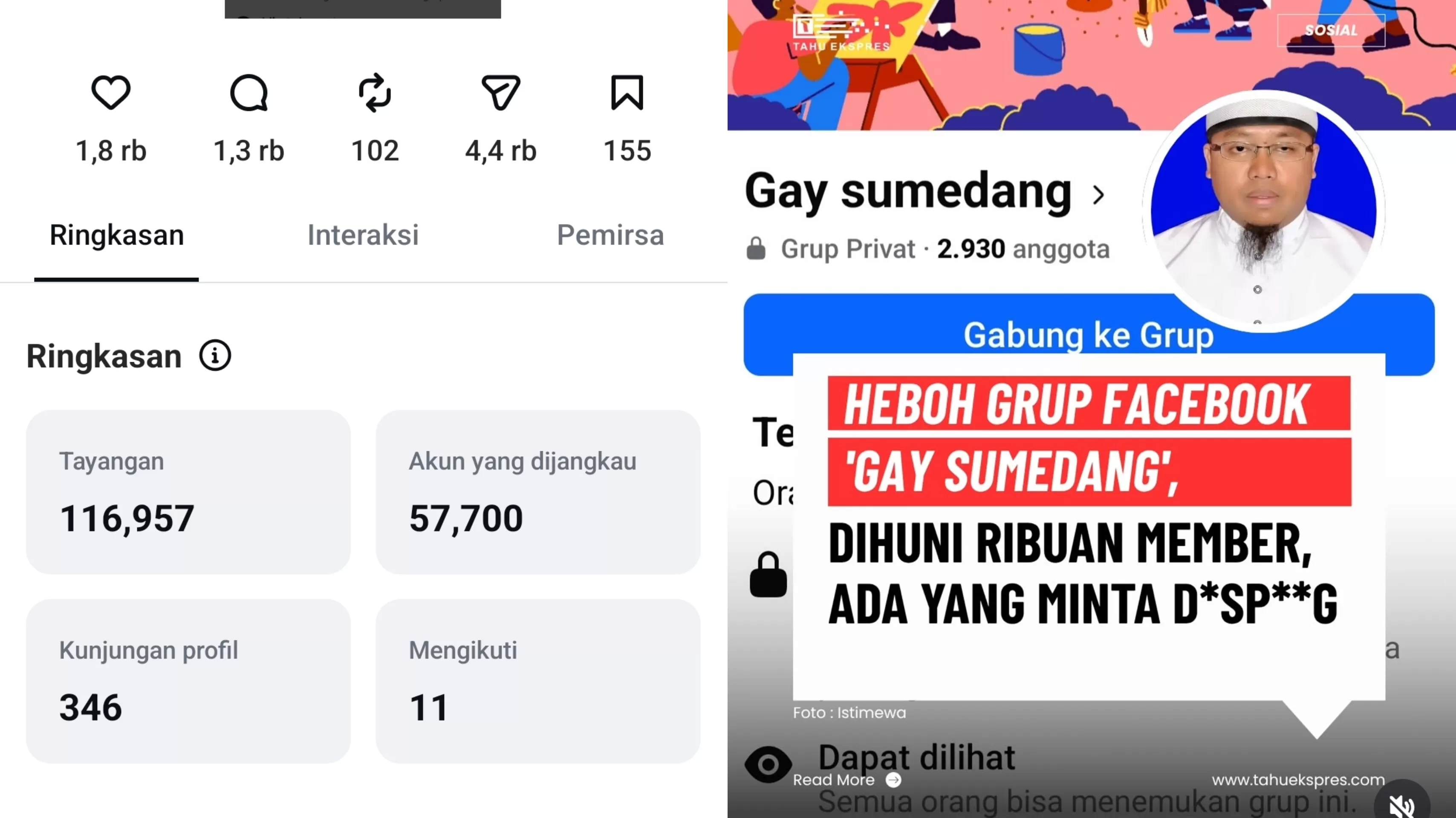 Insight postingan akun Instagram @tahuekspres tentang Gay Sumedang.