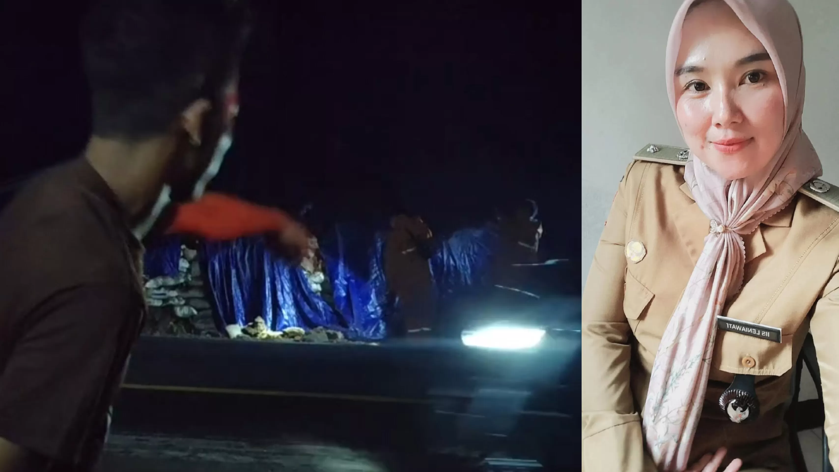 Kiri : Warga saat menunjukkan lokasi tebing longsor. Kanan : Kepala Desa Ciptasari, Iis Leniawati. (Foto : Istimewa)