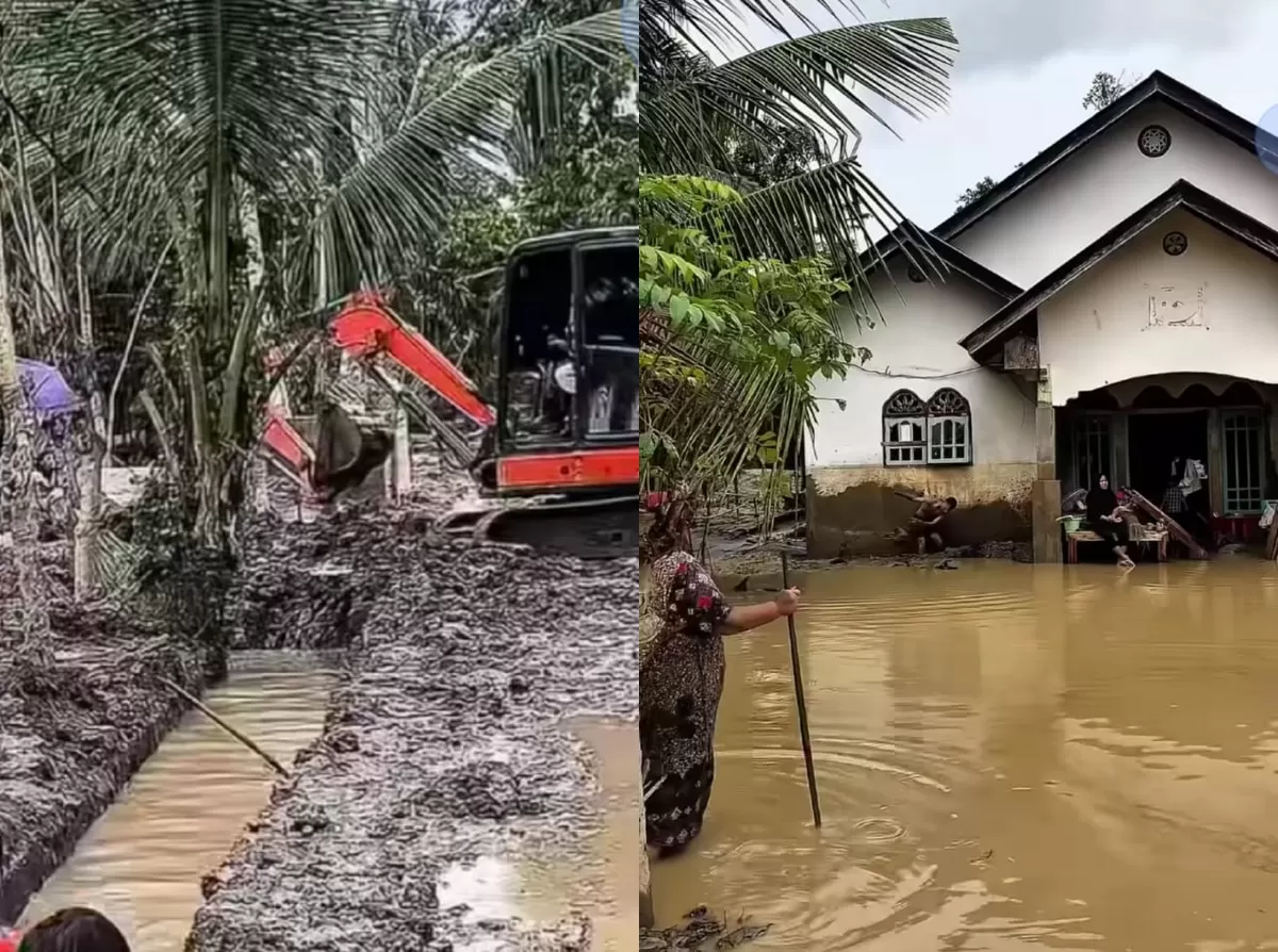 Seorang pria, Marzuki (38), berdiri di depan gundukan lumpur coklat pekat setinggi pinggangnya di pekarangan rumahnya di Blang Gleum, Aceh Timur. Ekspresinya tampak lelah