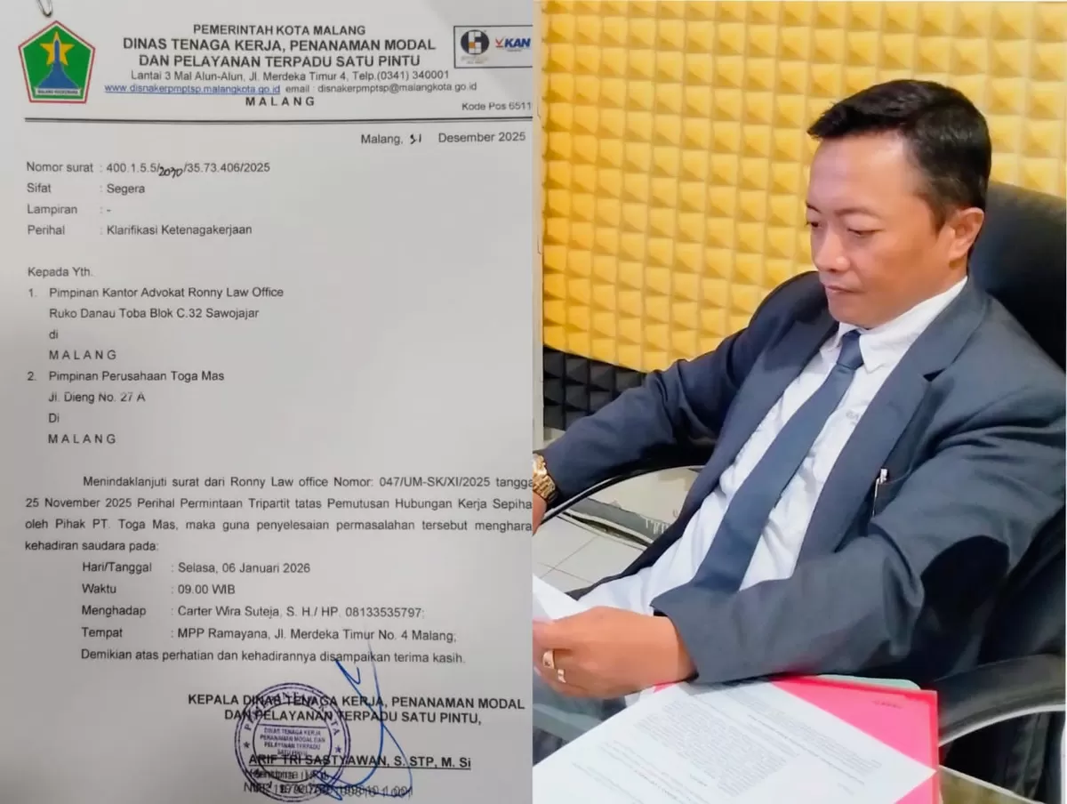Foto: surat undangan klarifikasi dari Disnaker Kota Malang. Advokat Ronny Dwi SH., Kuasa hukum Buruh