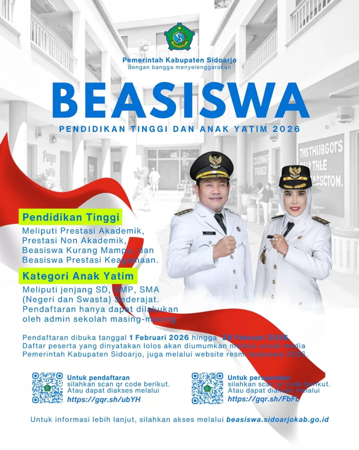 Mimpi pendidikan anak Sidoarjo harus terus bersambung. ? Pemkab Sidoarjo hadir melalui Program Beasiswa 2026 untuk dukung perjalanan akademik putra-putri terbaik daerah. Bagi yang memenuhi syarat, segera daftar! Info lengkap di website resmi. 