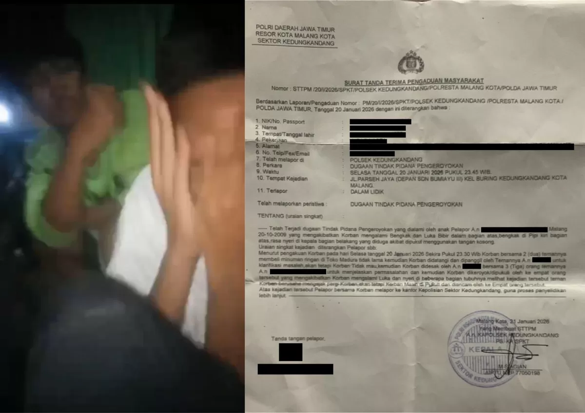 Kolase tangkapan layar dari video kejadian penganiayaan terhadap anak yang tersebar (kiri), foto surat tanda bukti laporan kepolisian (kanan)