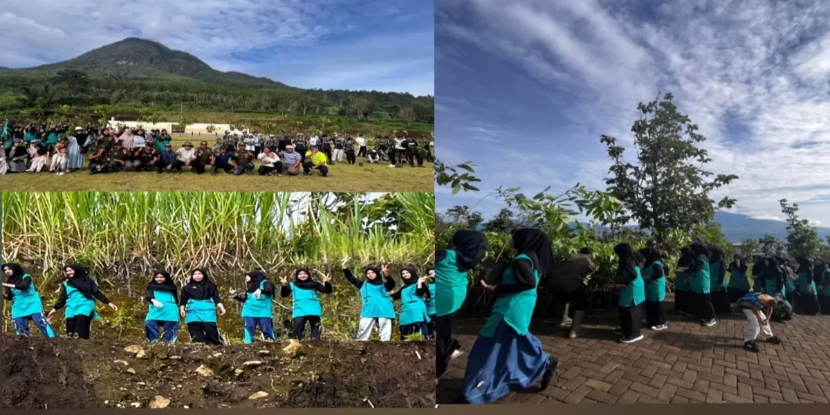 Puluhan santri berjejer rapi di lereng gunung, mencangkul dan menanam bibit mahoni dengan penuh kegembiraan, mewujudkan pembelajaran lapangan tentang pentingnya menjaga kelestarian lingkungan.