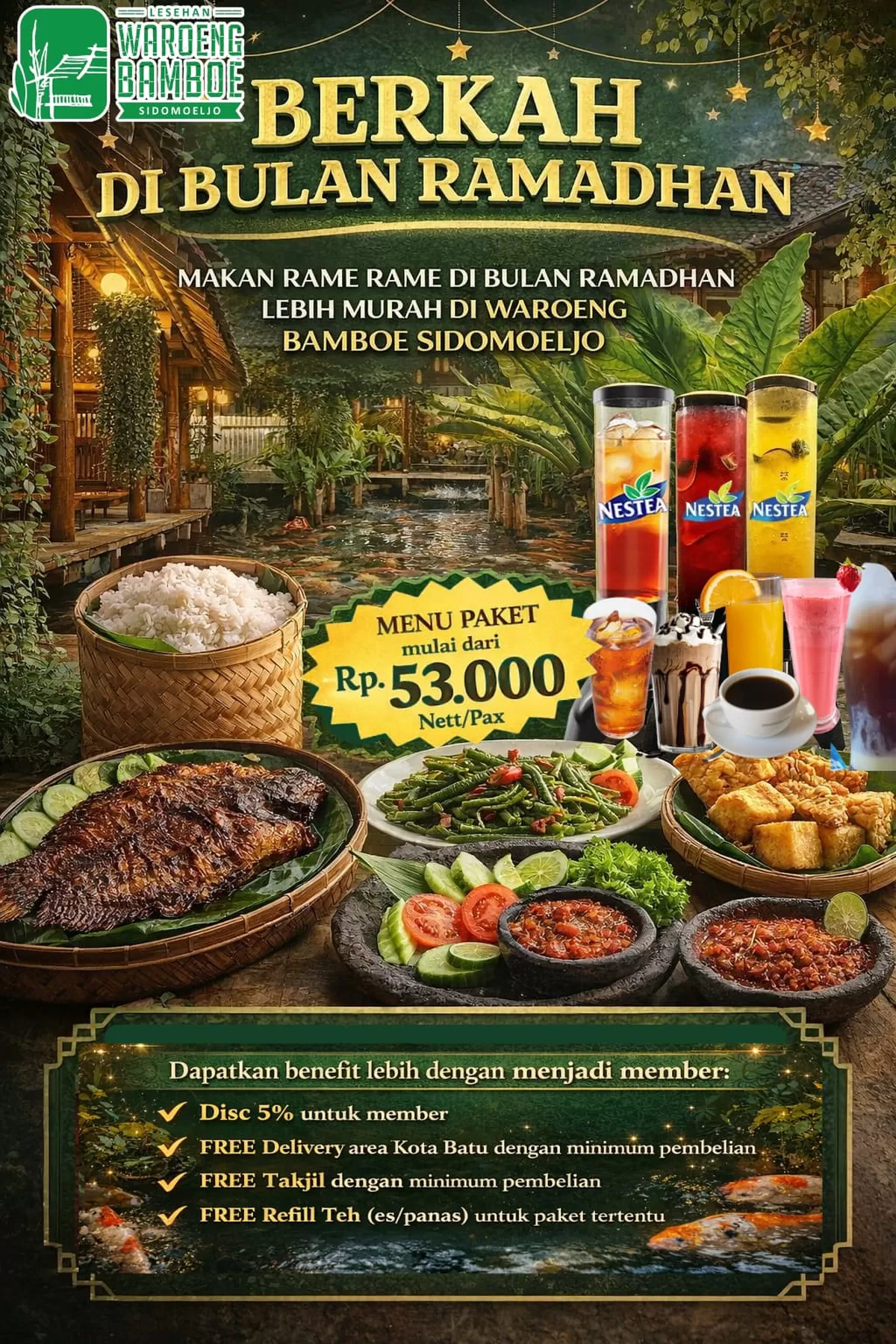 Paket Iftar Ramadan Rp53.000 per orang yang ditawarkan Waroeng Bamboe Sidomoeljo. Menu lengkap dengan cita rasa khas siap menemani buka puasa bersama keluarga.