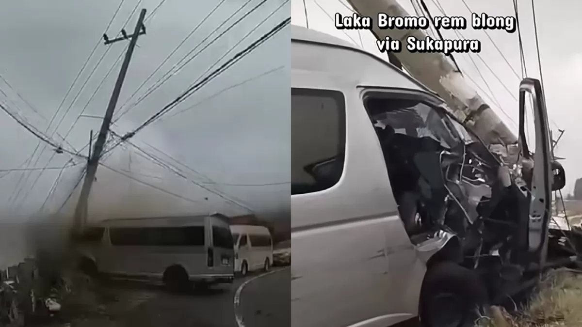 Detik-detik mencekam! Hiace rombongan turis Singapura rem blong di jalur Bromo, tabrak 4 mobil dan tiang listrik.