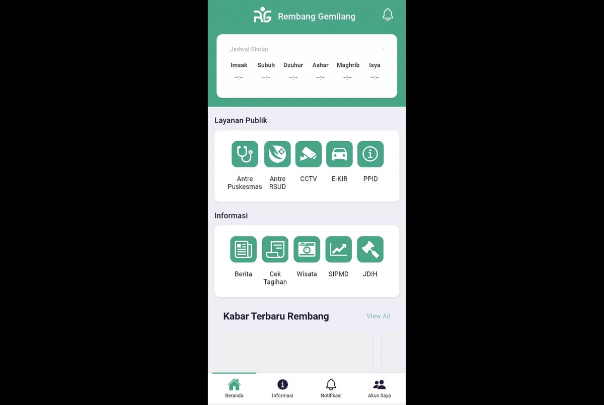 Tampilan aplikasi Rembang Gemilang Mobile yang diunduh dari Google Play Store. Fitur-fitur di dalamnya tidak dapat diakses dan hanya menampilkan halaman kosong.