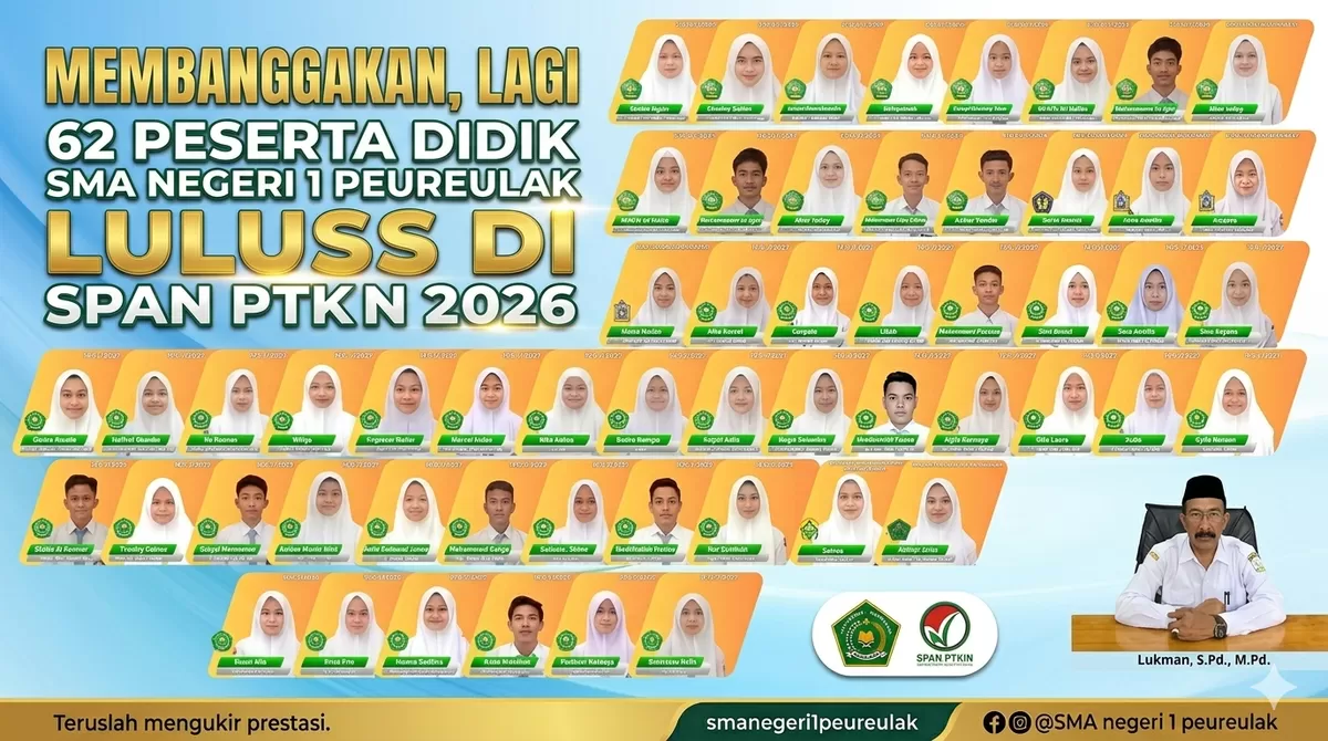 Kepala SMAN 1 Peureulak, Lukman dan foto para peserta didiknya yang lulus di PTN jalur SPAN PTKIN 2026.