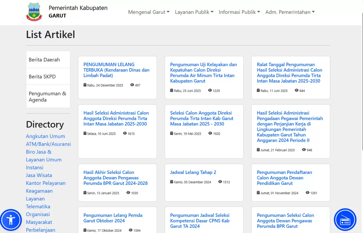 TIDAK ADA PENGUMUMAN CALON KADIS: Website resmi Pemkab Garut sampai saat ini tidak pernah menampilkan pengumuman seleksi calon kepala dinas sebagaimana amanat PP No. 11 Tahun 2017 Jo PP No. 17 Tahun 2020 tentang Manajemen Pegawai Negeri Sipil. (Ft: screenshot website Pemkab Garut). 