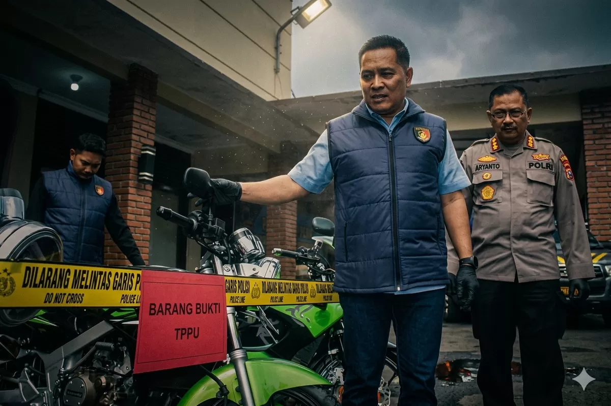 Direktur Reserse Kriminal Khusus Polda Jawa Tengah Kombes Pol. Djoko Julianto (tengah) menunjukkan barang bukti kendaraan bermotor hasil TPPU insvestasi fiktif di Semarang, Selasa (31/3/2026). ANTARA/HO-Humas Polda Jateng(ANTARA/HO-Humas Polda Jateng)
