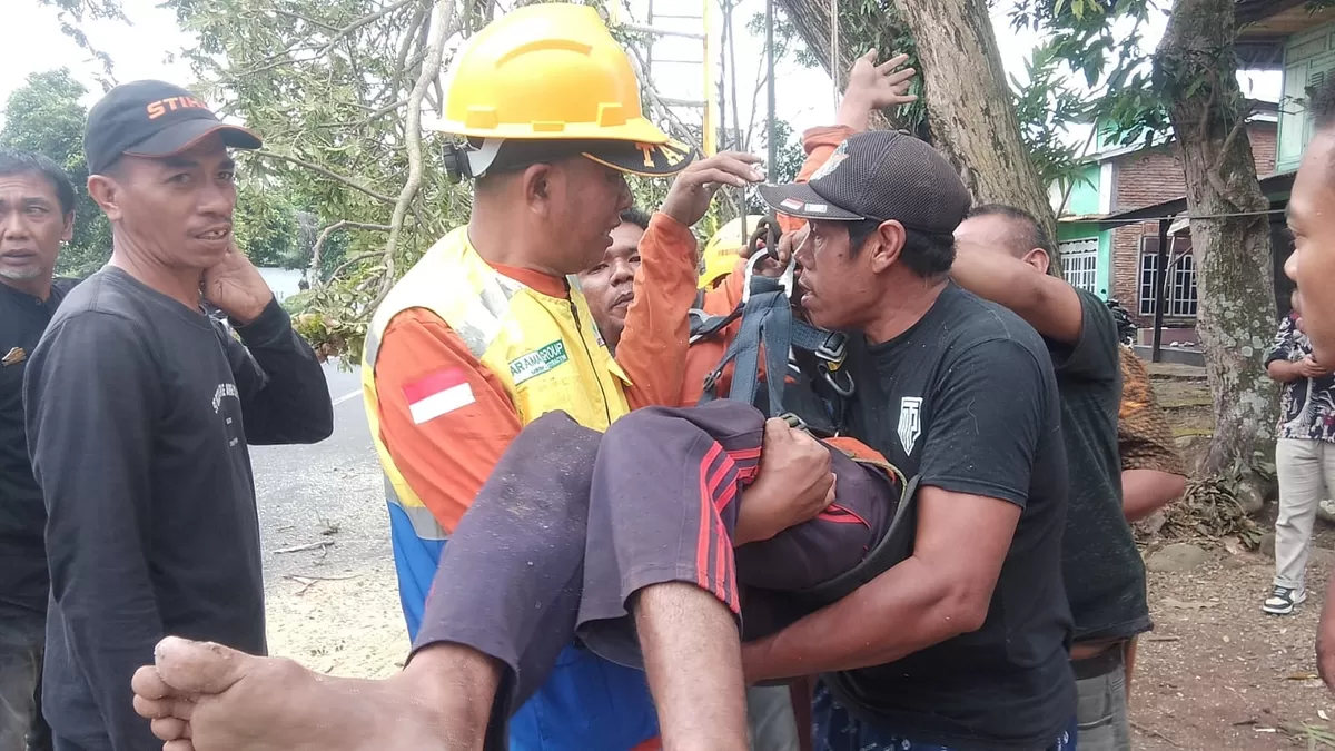 Warga bersama PLN mengevakuasi korban kecelakaan kerja yang terjebak di atas pohon di Dusun Bulolohe, Kecamatan Rilau Ale, Bulukumba, Kamis (22/1/2026).