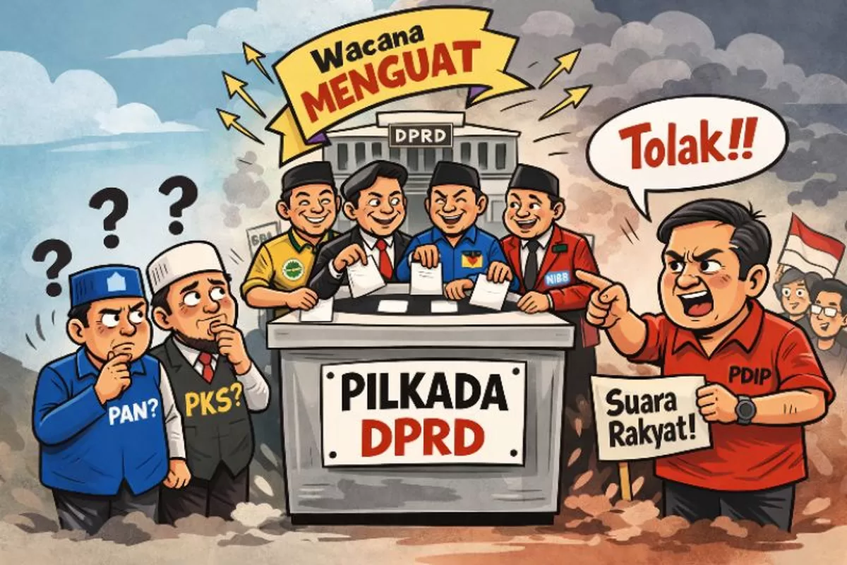 Karikatur perdebatan Pilkada dipilih DPRD, menampilkan partai politik pendukung, PAN dan PKS yang masih mengkaji, serta PDIP yang menolak perubahan sistem Pilkada.