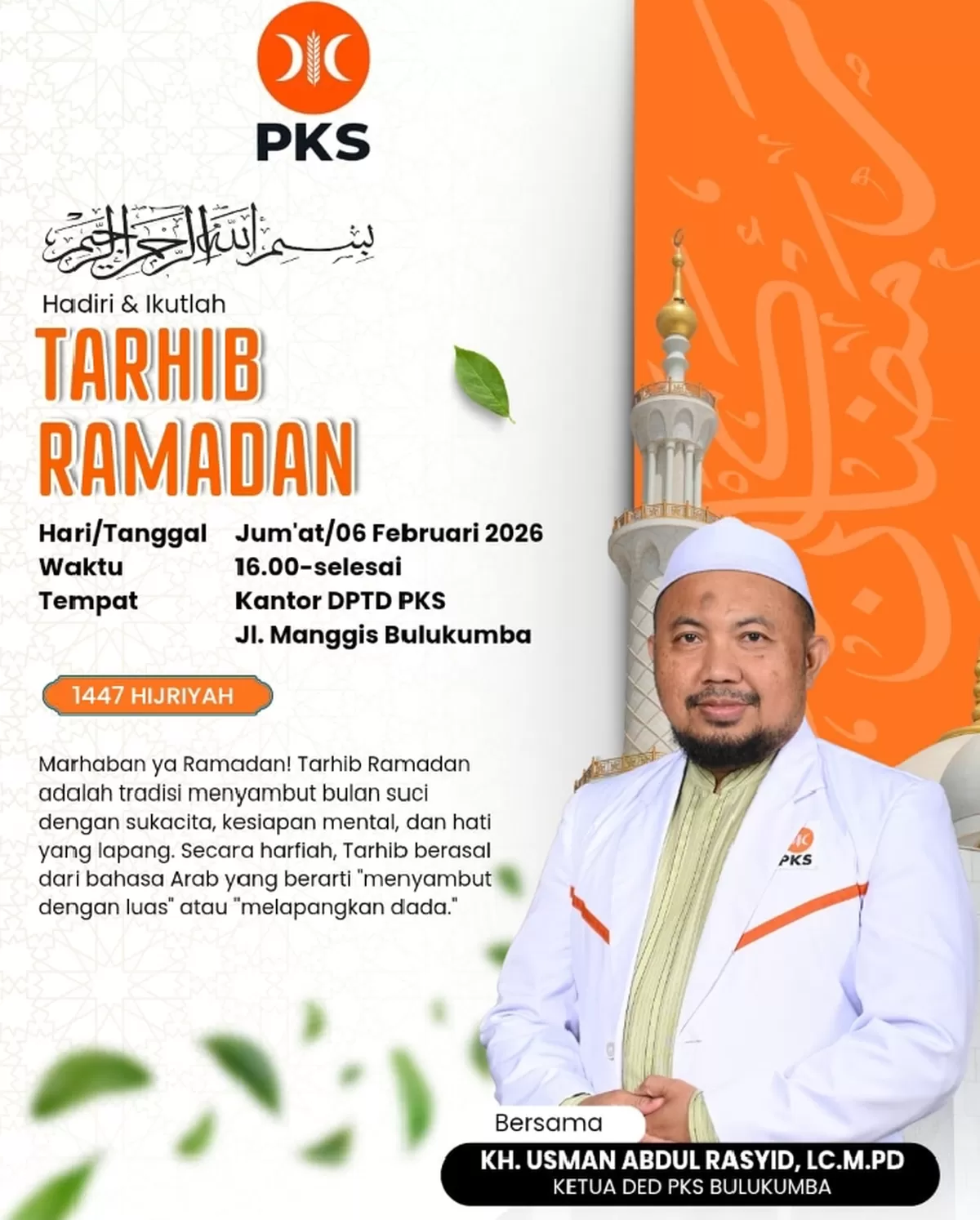 Tarhib Ramadan PKS Bulukumba digelar di Sekretariat DPD PKS Bulukumba, Jumat 6 Februari 2026.