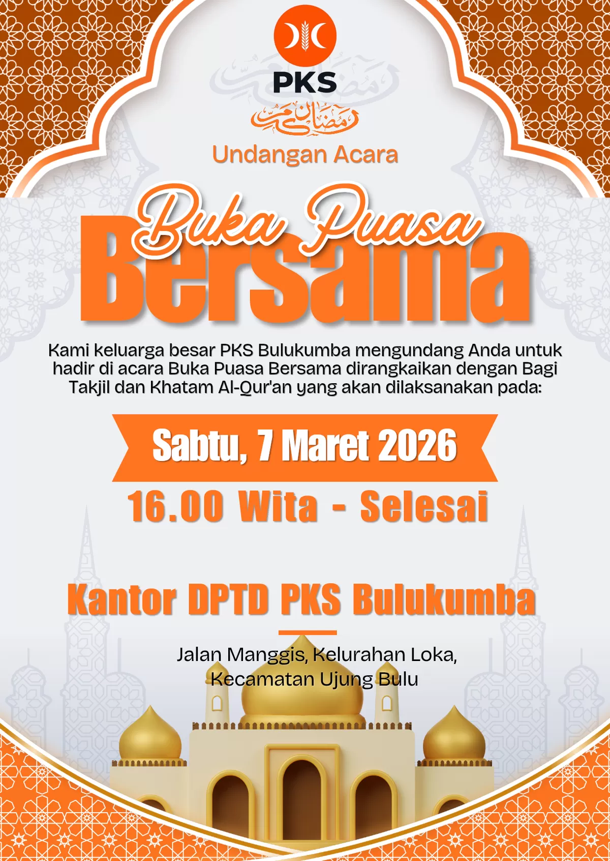 Kegiatan buka puasa bersama yang diselenggarakan PKS Bulukumba pada Sabtu, 7 Maret 2026 di Kantor DPTD PKS Bulukumba.