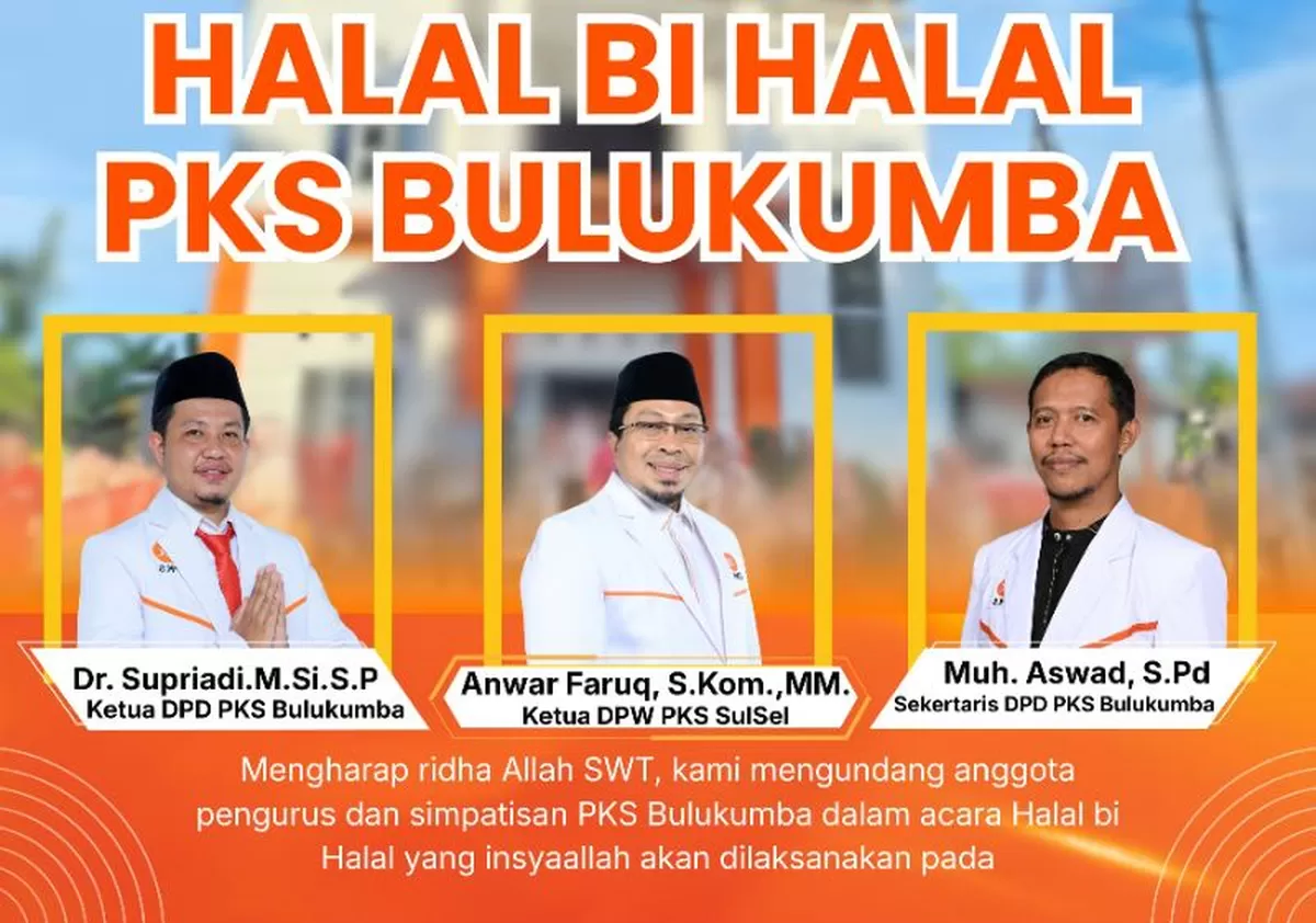 Kegiatan Halal Bihalal PKS Bulukumba dijadwalkan berlangsung Minggu 19 April 2026 di Kantor DPTD PKS sebagai ajang silaturahmi kader dan simpatisan.