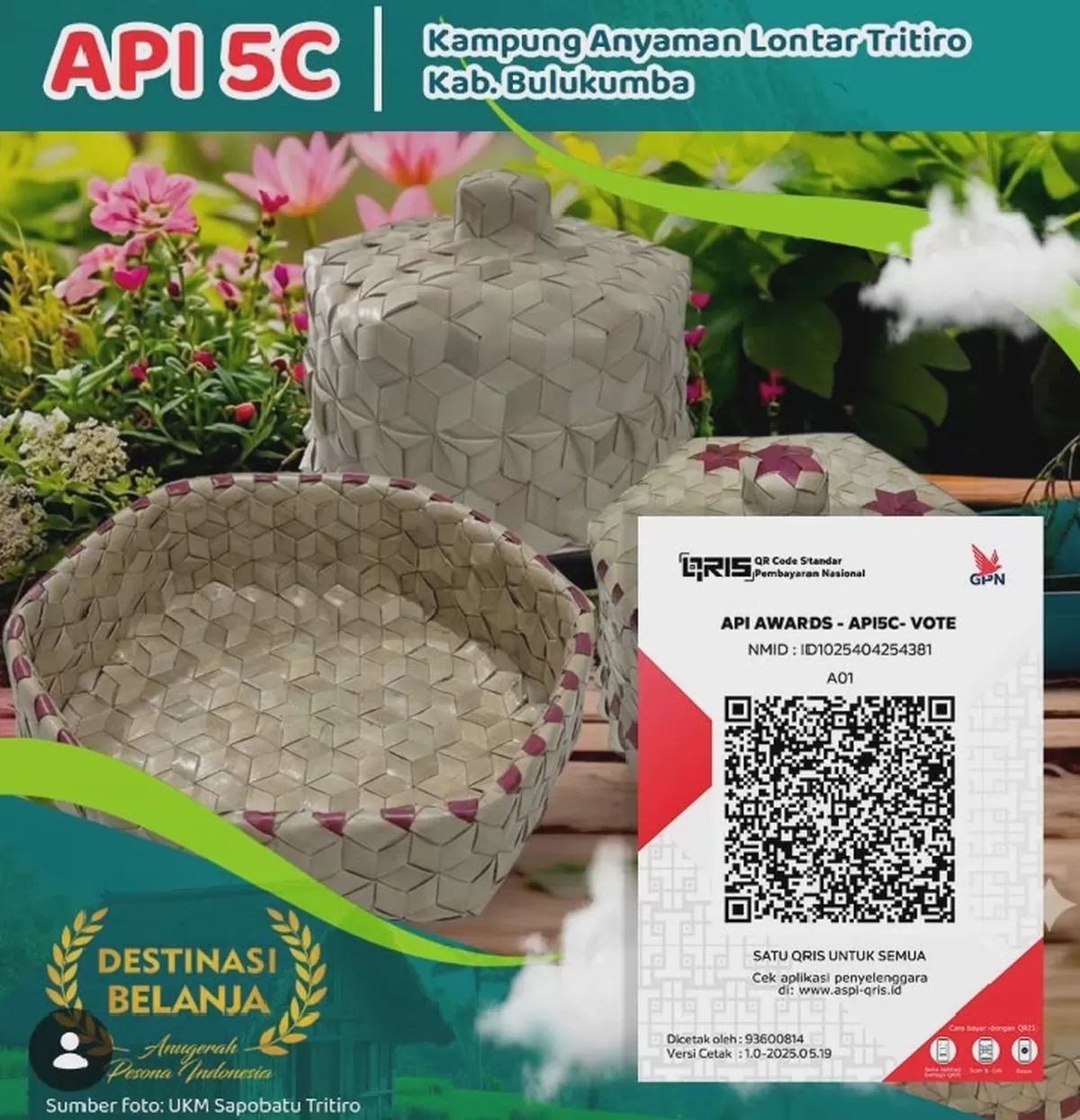 Pemerintah Kabupaten Bulukumba mengajak masyarakat memberikan dukungan dan vote untuk Kampung Anyaman Lontar Tritiro yang masuk nominasi API Awards 2026.