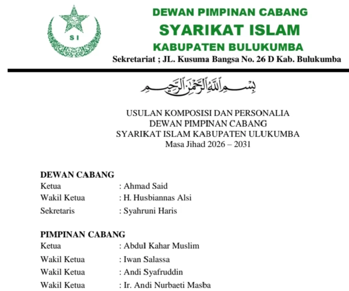 Pengurus Dewan Cabang dan Pimpinan Cabang Syarikat Islam Kabupaten Bulukumba resmi terbentuk usai musyawarah pembentukan yang digelar di Cafe Circle Bulukumba, Sabtu malam, 16 Mei 2026.