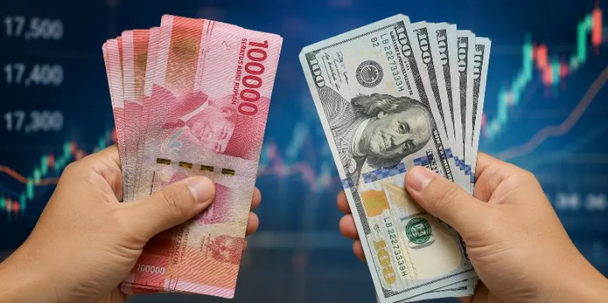 Ilustrasi perbandingan nilai tukar rupiah dan dolar Amerika Serikat di tengah penguatan mata uang AS yang menembus level Rp17.500 per dolar.