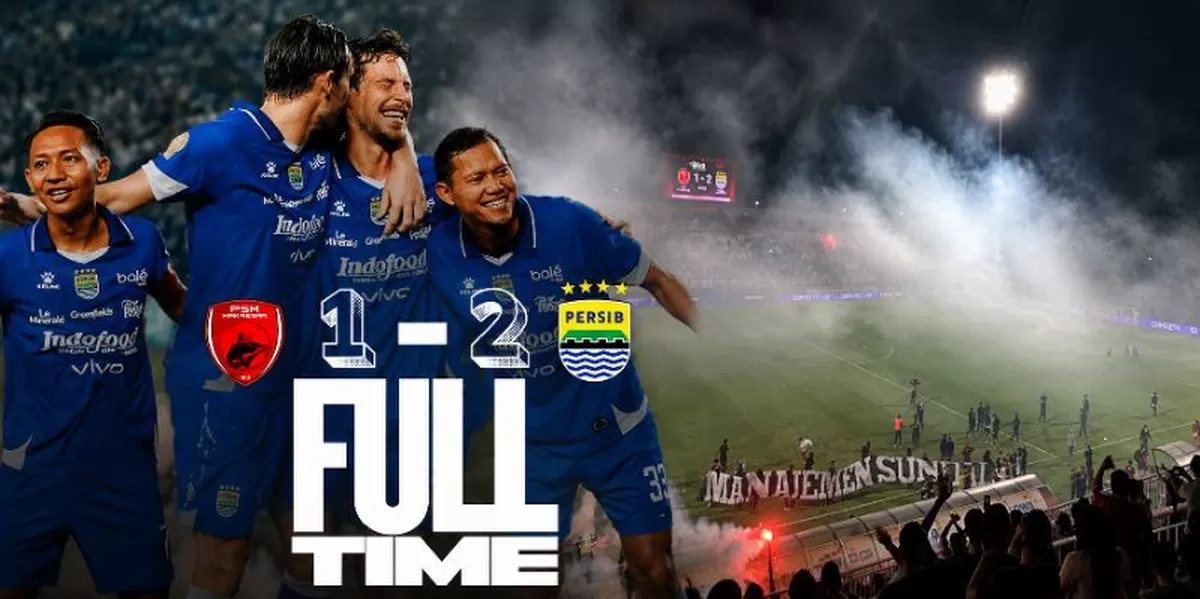 Persib Bandung sukses menaklukkan PSM Makassar dengan skor 2-1 dalam laga panas yang diwarnai selebrasi kemenangan pemain serta aksi suporter di stadion usai pertandingan, Minggu 17 Mei 2026.