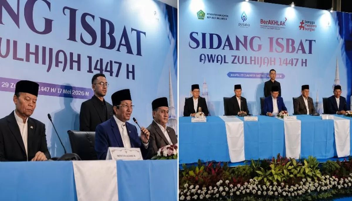 Menteri Agama bersama jajaran dan perwakilan lembaga terkait saat memimpin Sidang Isbat penetapan 1 Zulhijah 1447 H di Jakarta, Minggu (17/5/2026). Pemerintah resmi menetapkan Hari Raya Iduladha 1447 Hijriah jatuh pada Rabu, 27 Mei 2026.